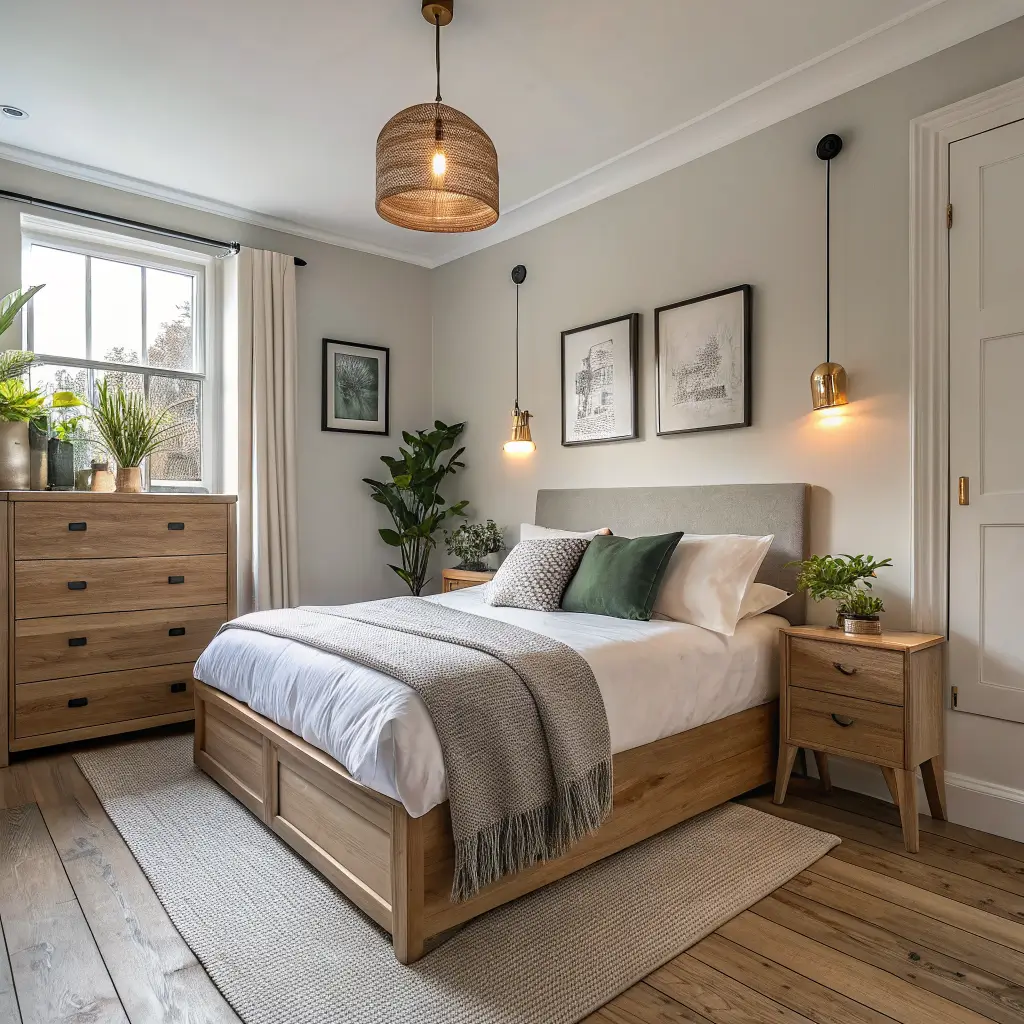 Photorealistic 7m² Victorian box room redesigned as a minimal modern sanctuary, with pale greige walls, whitewashed oak storage bed, birch dresser, and diffused north light viewed from the doorway.