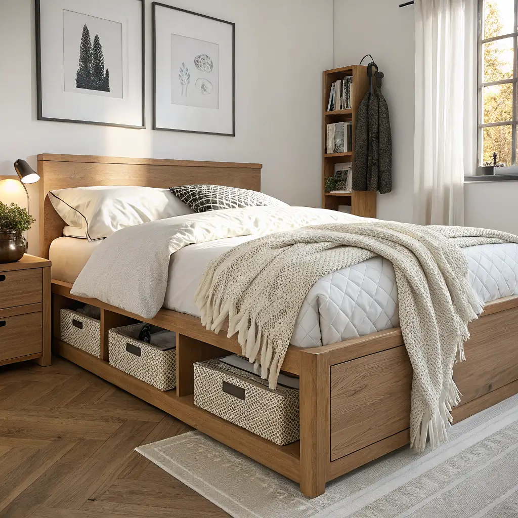 Close-up of a queen storage bed in a tiny modern minimalist bedroom with white bedding, oak frame and floor, linen bins under the bed, and a black-framed abstract print in warm late-afternoon light.