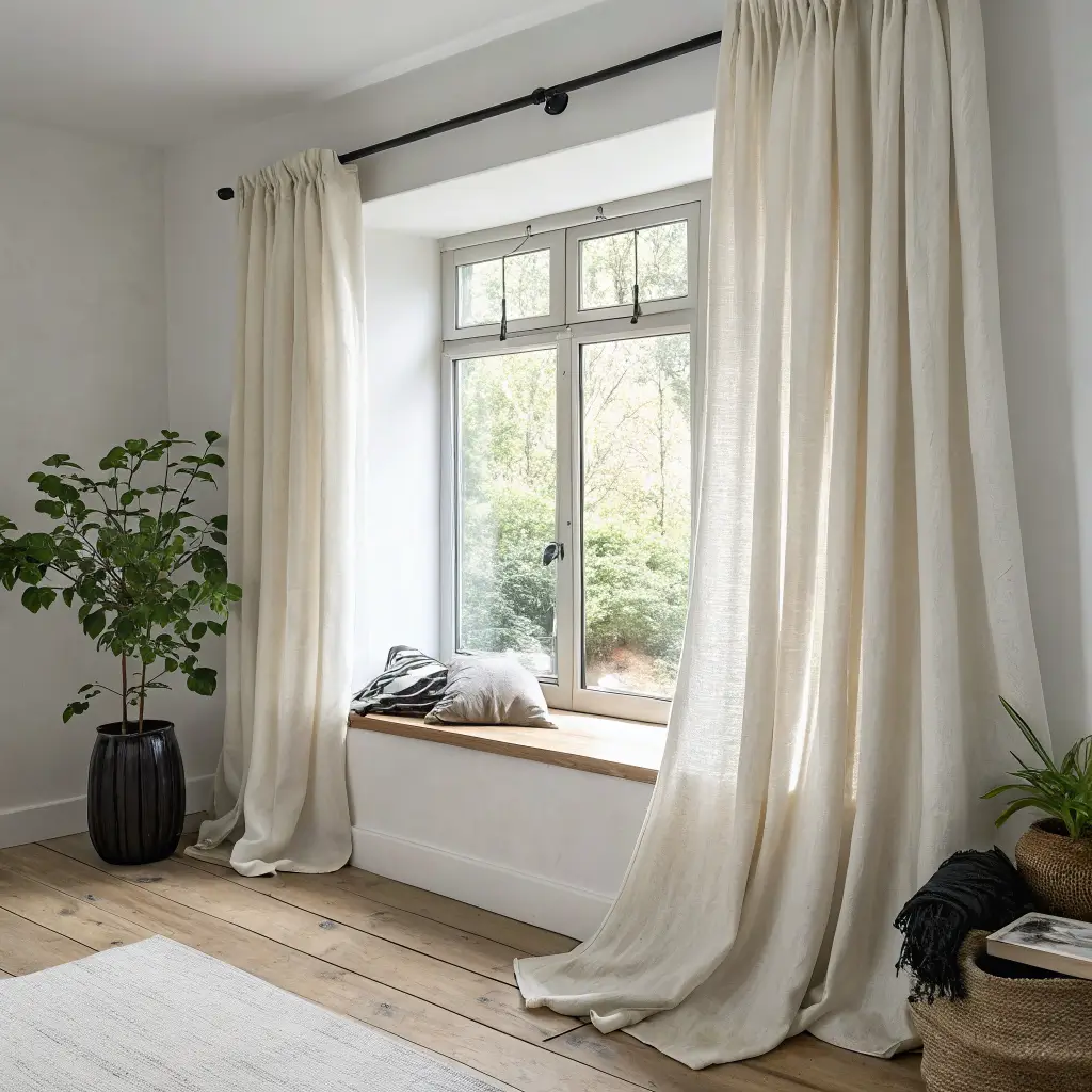 Photorealistic small bedroom window wall with ceiling-mounted ivory linen curtains on a slim black rod, oak floor, and birch bench with throw and spider plant in bright filtered daylight.