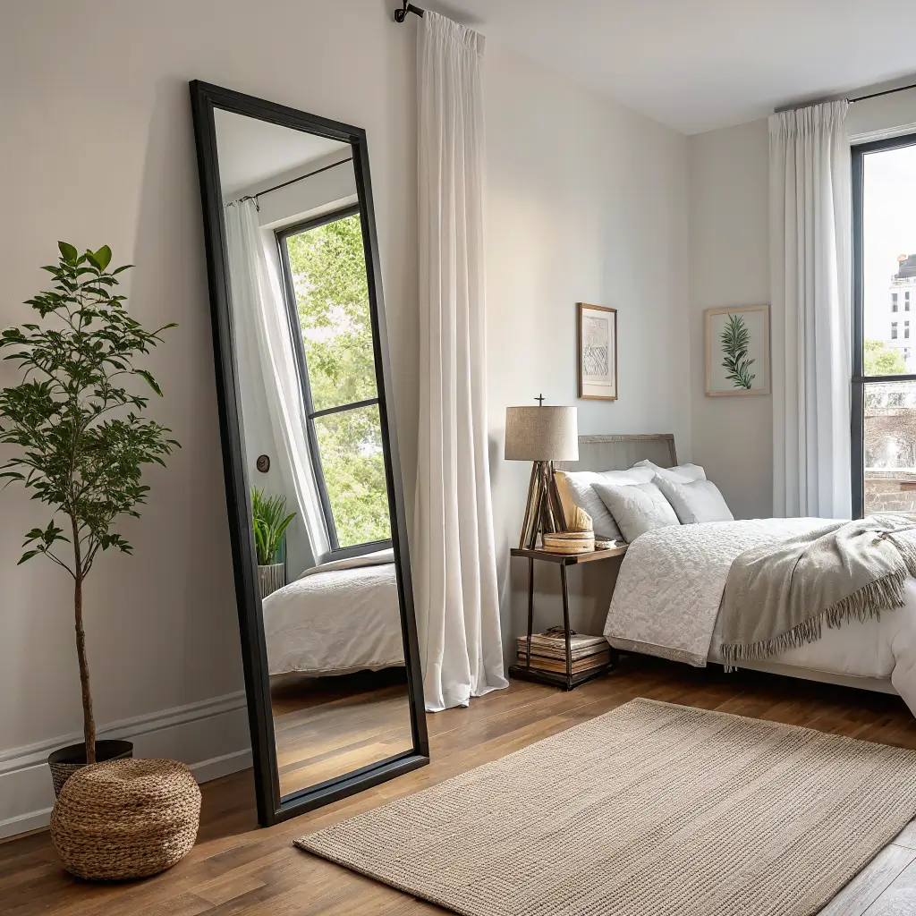 Leaner black-framed mirror in a tiny modern bedroom reflecting an oak bed with white linen, sheer curtains, and a snake plant, lit by bright late-morning daylight.