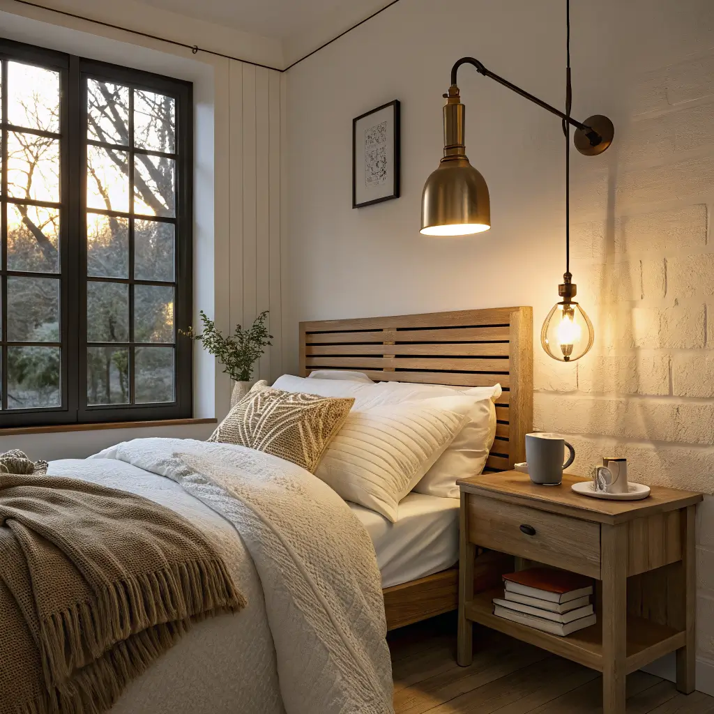 Cozy tiny bedroom corner at dusk with warm pendant, brass swing-arm sconce, and LED headboard glow over an oak nightstand with books and a mug.