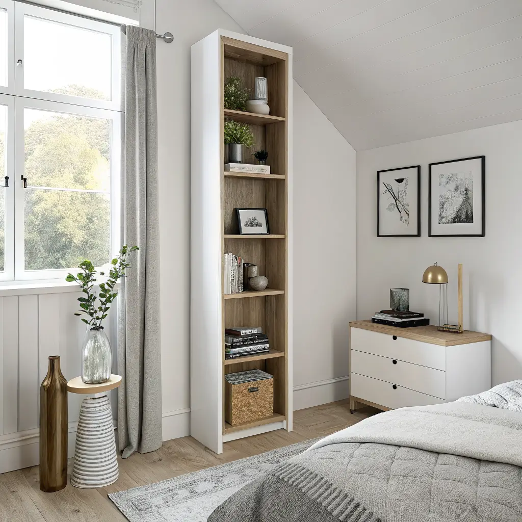 Photorealistic tiny bedroom with a tall whitewashed oak shelving unit of curated decor beside a wall-mounted fold-down oak desk, lit by soft afternoon daylight.