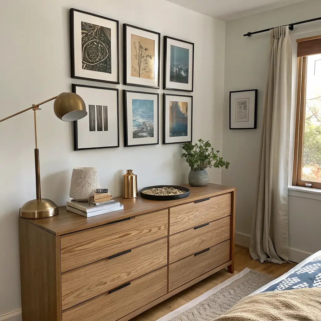 Photorealistic tiny bedroom gallery wall with black and oak frames above a low oak dresser styled with a lamp, philodendron plant, and sculptural object in warm morning light