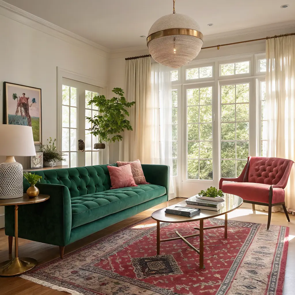 Golden-hour maximalist living room with emerald tufted sofa on a vintage Persian rug, hot pink bouclé chair, brass-and-glass coffee table with candles and art books, and a ceiling-high gallery wall.