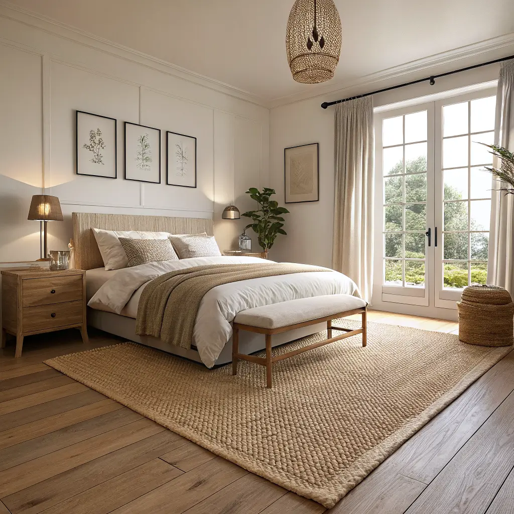 Low-angle view of a tiny bedroom with a large jute rug over oak floors, a low oak platform bed and cream bouclé ottoman, lit by warm side-window sunlight.