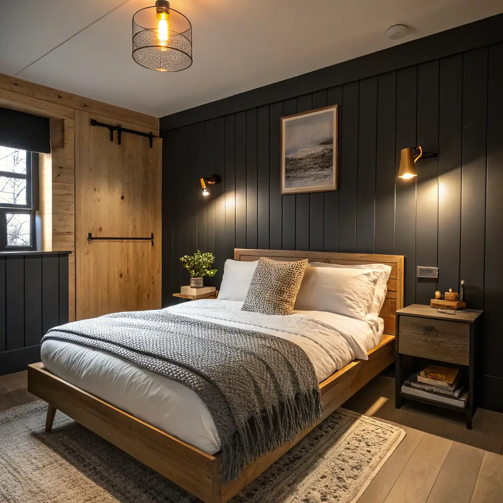 Dark, modern tiny bedroom with charcoal walls, oak platform bed in white linen, warm brass sconce lighting, and minimal decor in evening light.