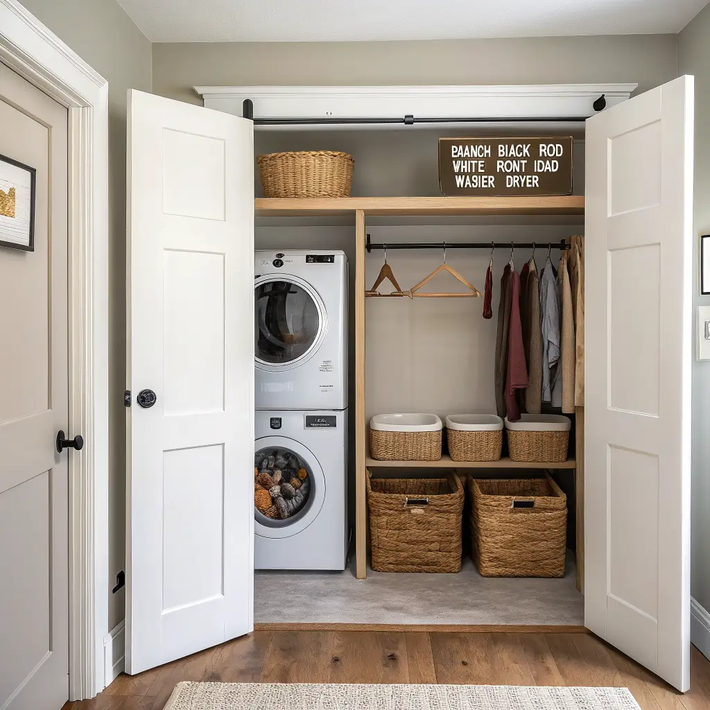 Photorealistic modern farmhouse laundry closet with open bifold doors, stacked white washer-dryer, greige shaker walls, black rod with hangers, labeled seagrass baskets on an oak shelf, trailing pothos, and cream herringbone tile floor in soft daylight.