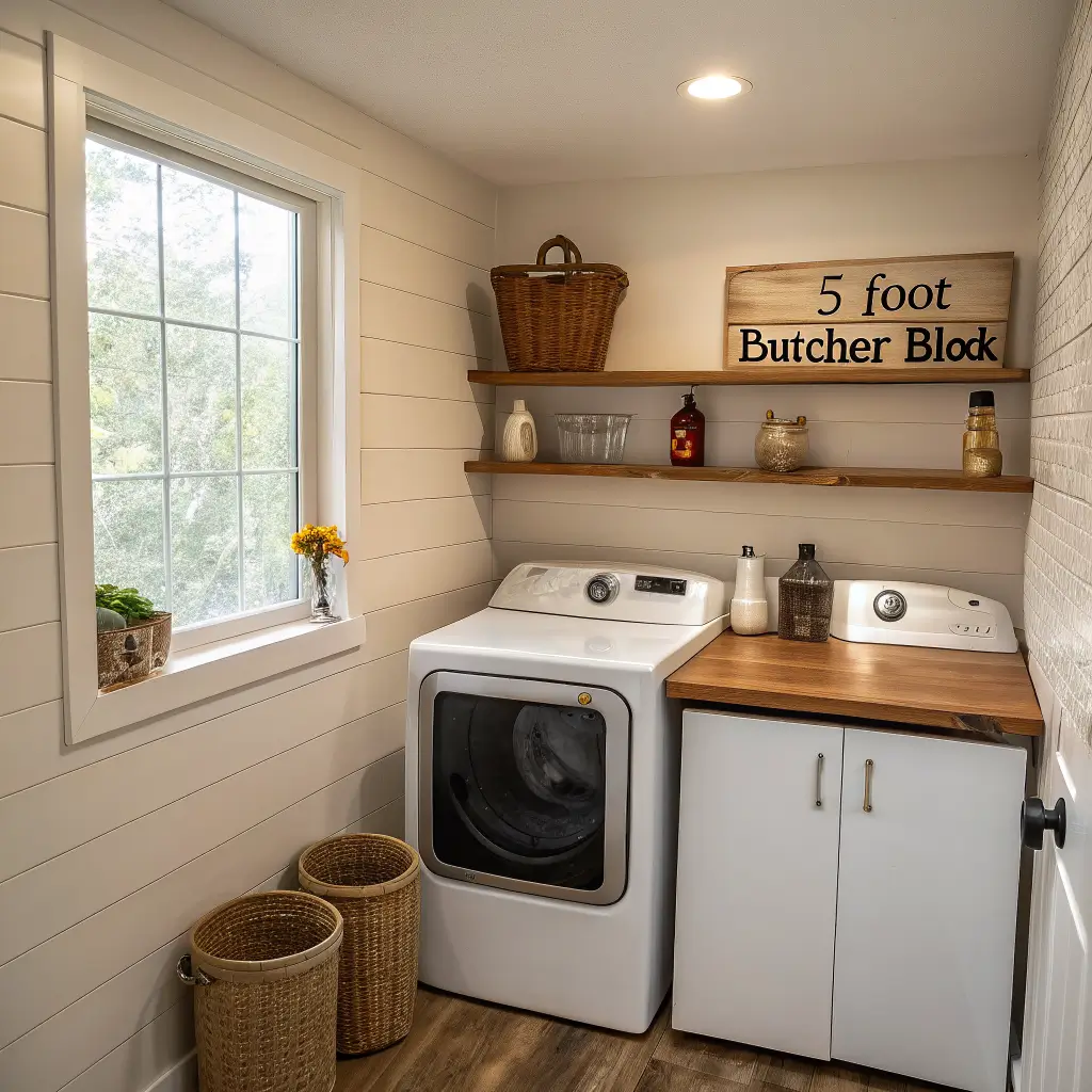 Photorealistic bathroom laundry alcove with side-by-side white washer and dryer under a butcher-block counter, oak floating shelves with rope baskets and amber dispensers, sage accent wall, and warm golden window light.
