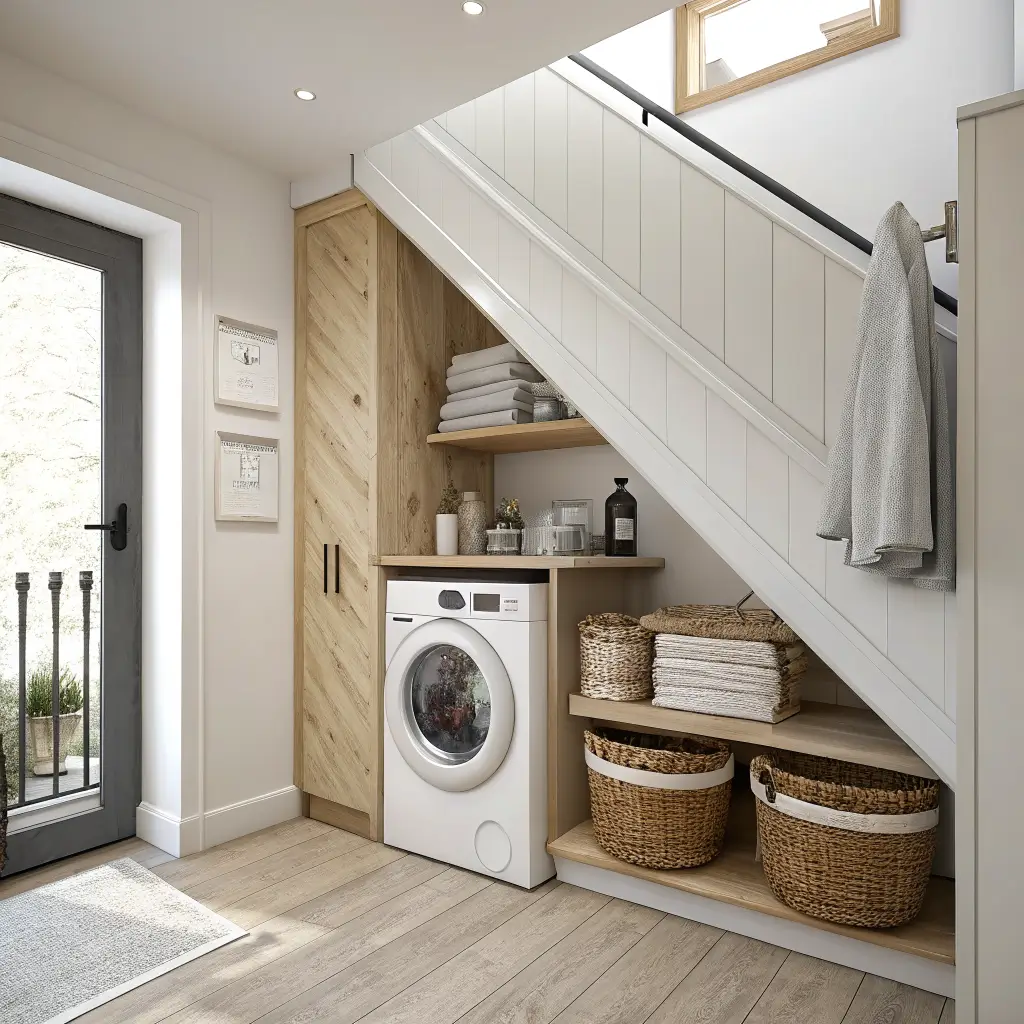 Photorealistic Scandinavian minimal under-stair laundry nook with stacked oak-paneled washer-dryer, slim rolling towel cart, warm white angled ceiling, oak shelf with seagrass baskets, striped runner, and soft skylight with subtle LED glow.