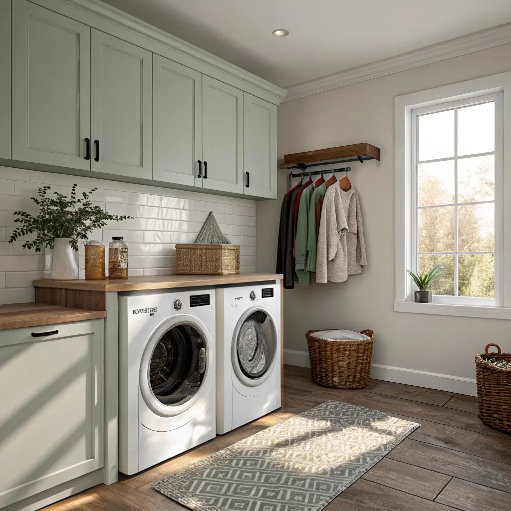 Photorealistic mudroom laundry corner with matte white front-load washers under walnut counter, dusty sage cabinets, beadboard backsplash, hanging linen shirts, and warm morning sunlight.