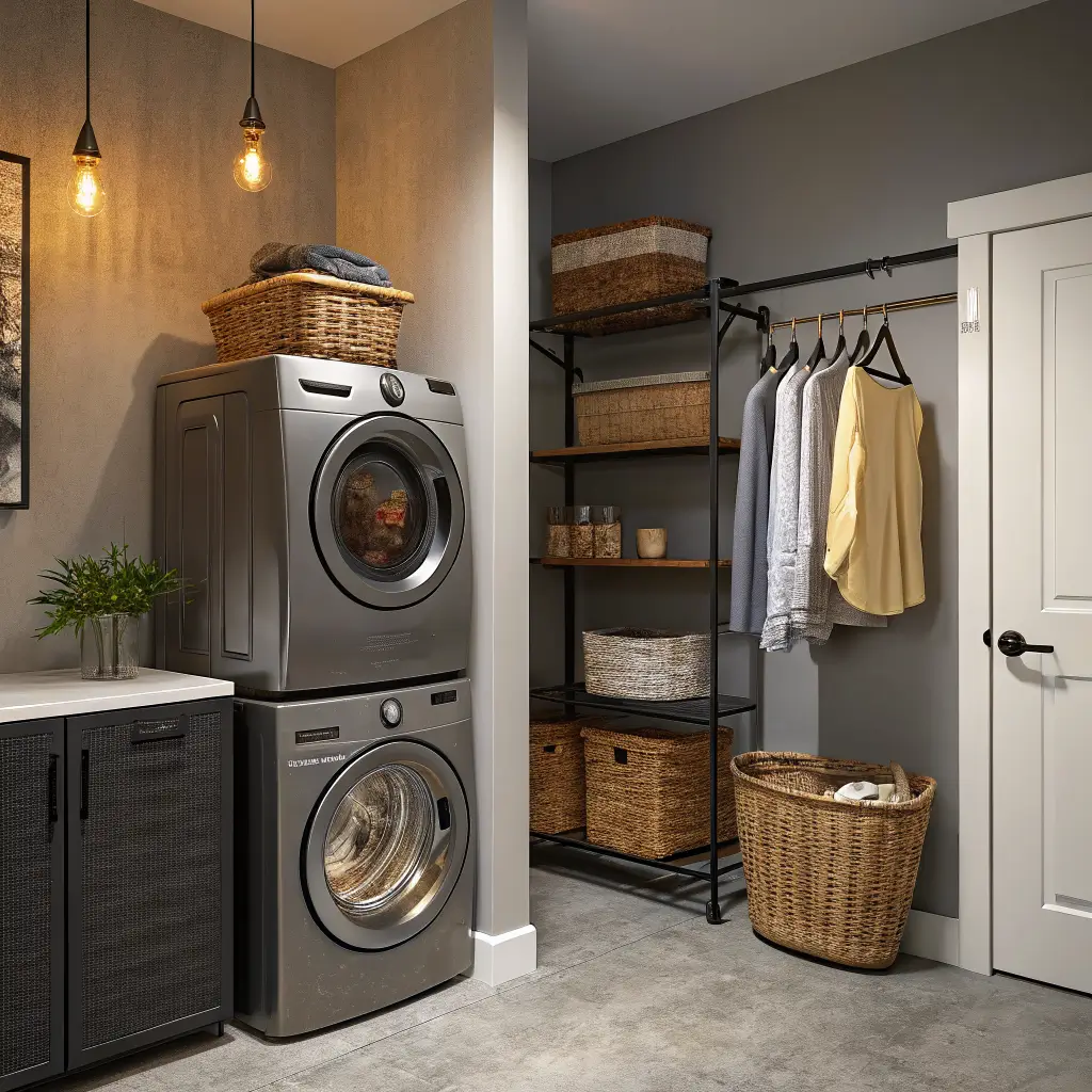 Photorealistic evening-lit laundry closet with stacked graphite washer-dryer, warm greige walls, black wire shelf with seagrass baskets and amber jar, hanging rod with wooden hangers, black rolling cart with detergent, and concrete-look grey floor.