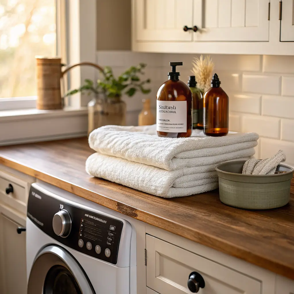 Close-up of a walnut counter over front-load washers with folded white towels, an amber glass detergent dispenser, a dish of safety pins, and a trailing pothos beneath sage cabinetry in soft daylight.