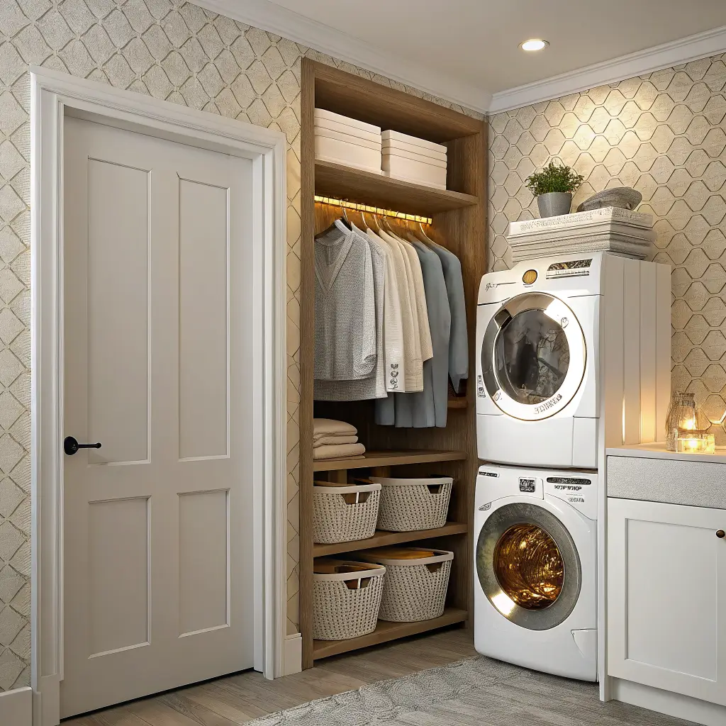 Renter-friendly laundry closet with stacked white washer-dryer, warm-greige geometric peel-and-stick wallpaper, tension rod with linen shirts, slim oak shelf with seagrass baskets and amber jar, warm puck lights, over-door tote hook, and cream peel-and-stick tile floor in soft daylight.