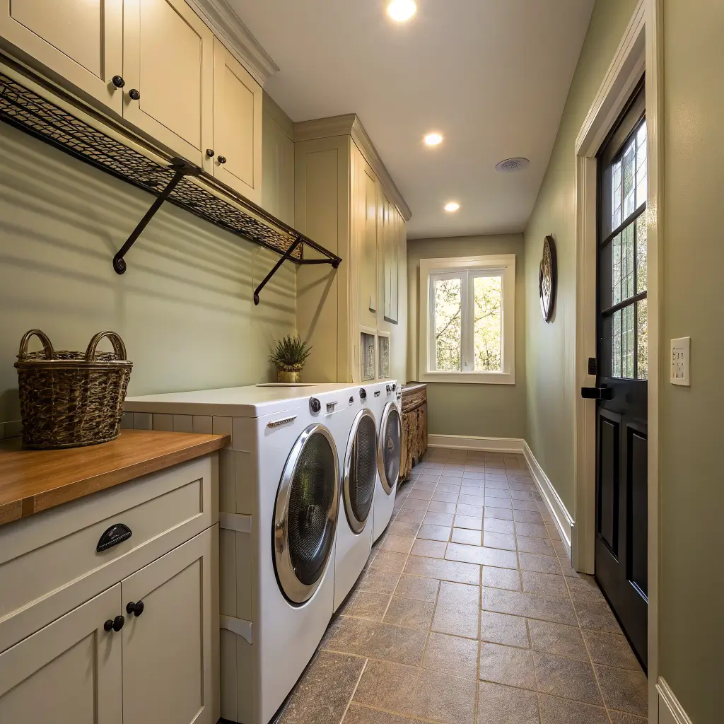 Photorealistic narrow laundry corridor with washer-dryer, butcher-block counter, folded drying rack, sage cabinets, herringbone floor, and warm golden light in one-point perspective.
