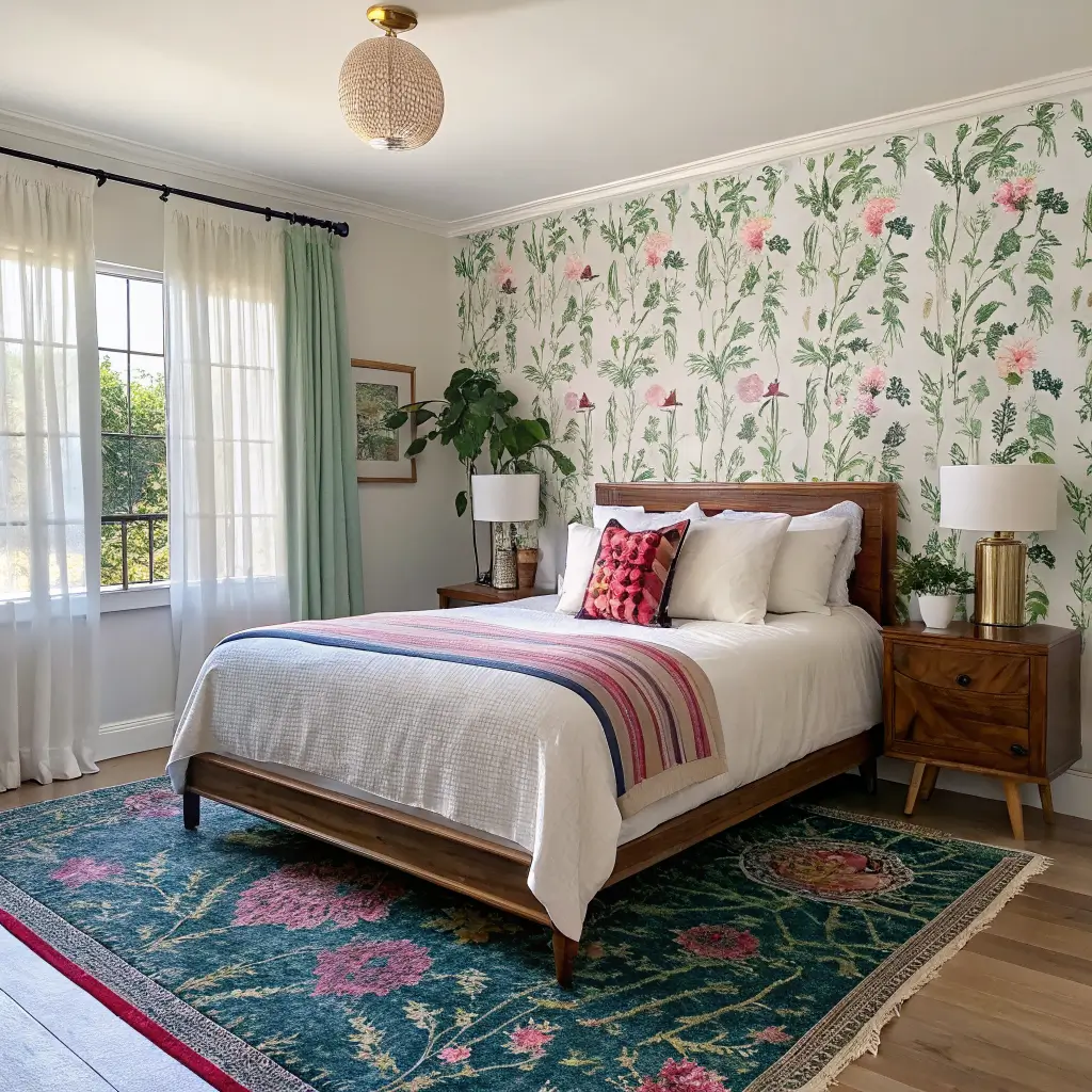 Photorealistic bedroom with king bed on sapphire-and-ruby checkerboard rug, brass headboard against emerald-and-hot-pink botanical wallpaper, layered cream and chartreuse bedding, walnut nightstands with amber lamps, and a wavy hot pink mirror in soft morning light.