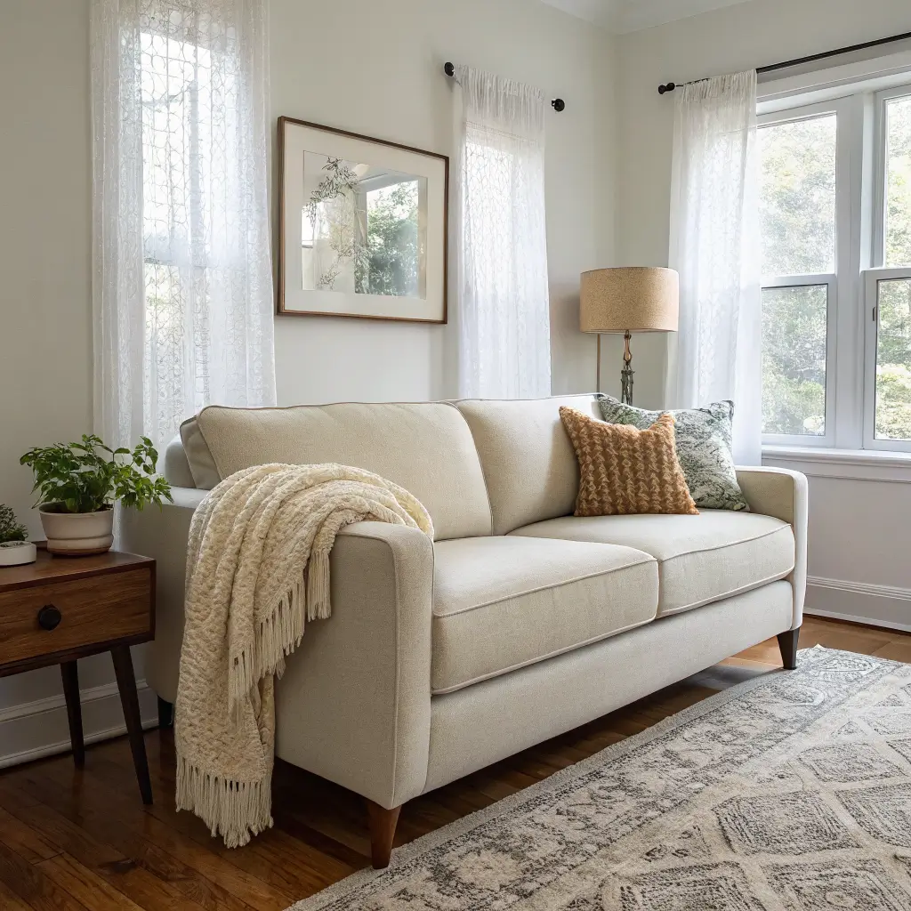 Photorealistic compact condo living room with cream linen sofa, terracotta and moss pillows, oak floating TV console, abstract wall art, jute rug, and soft morning light through sheer grey curtains.