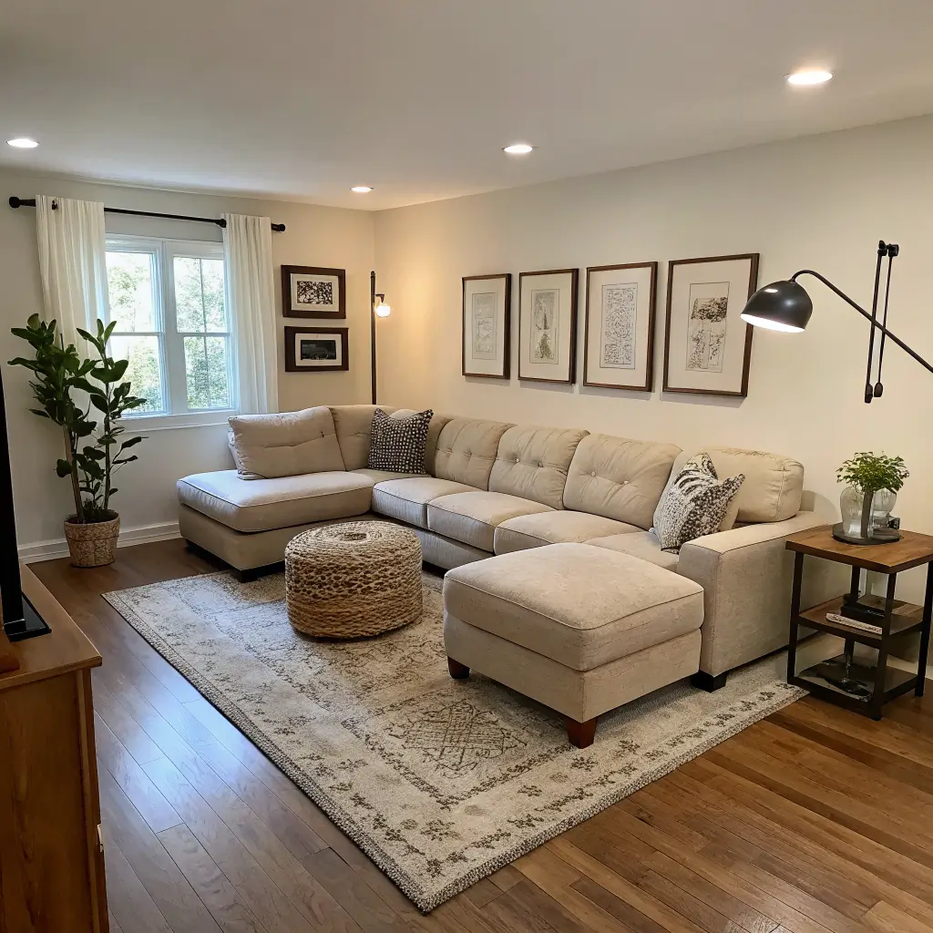 Photorealistic narrow 8x14 first-apartment living room with oatmeal boucle chaise sectional along a chalky sage-white wall, 6x9 flatweave rug, round ottoman coffee table, warm brass sconces, and late afternoon sun on light oak floors.