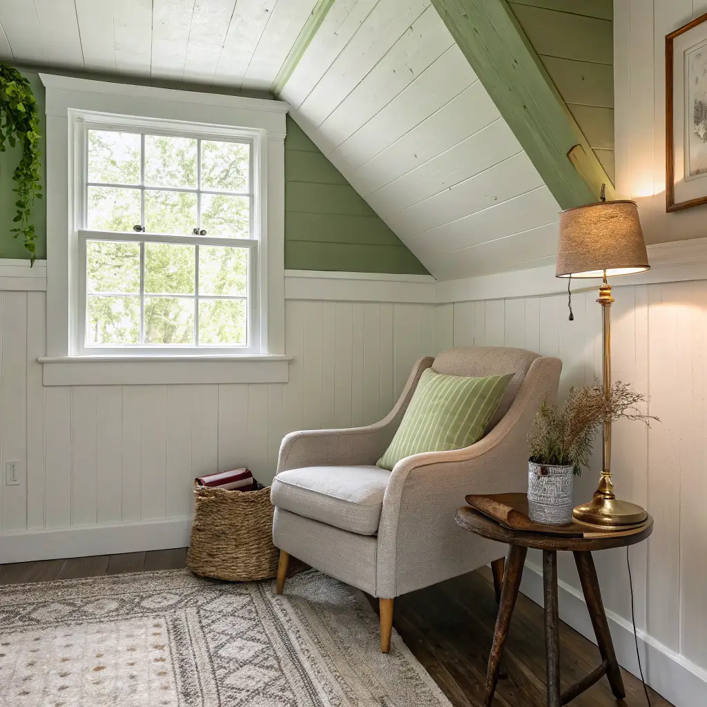Photorealistic tiny living room corner with off-white green-undertone color-drenched walls and ceiling, sage linen oak chair, slim side table with warm brass lamp, dried branch vase, and pale oak floors in soft north light.