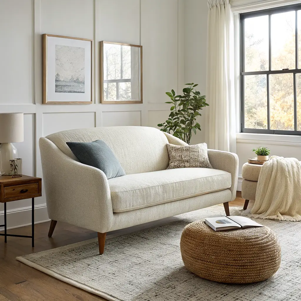 Photorealistic compact apartment living room with an oatmeal boucle loveseat, cream linen slipper chair, round boucle ottoman, warm greige rug, and soft daylight with a large framed artwork above the sofa.