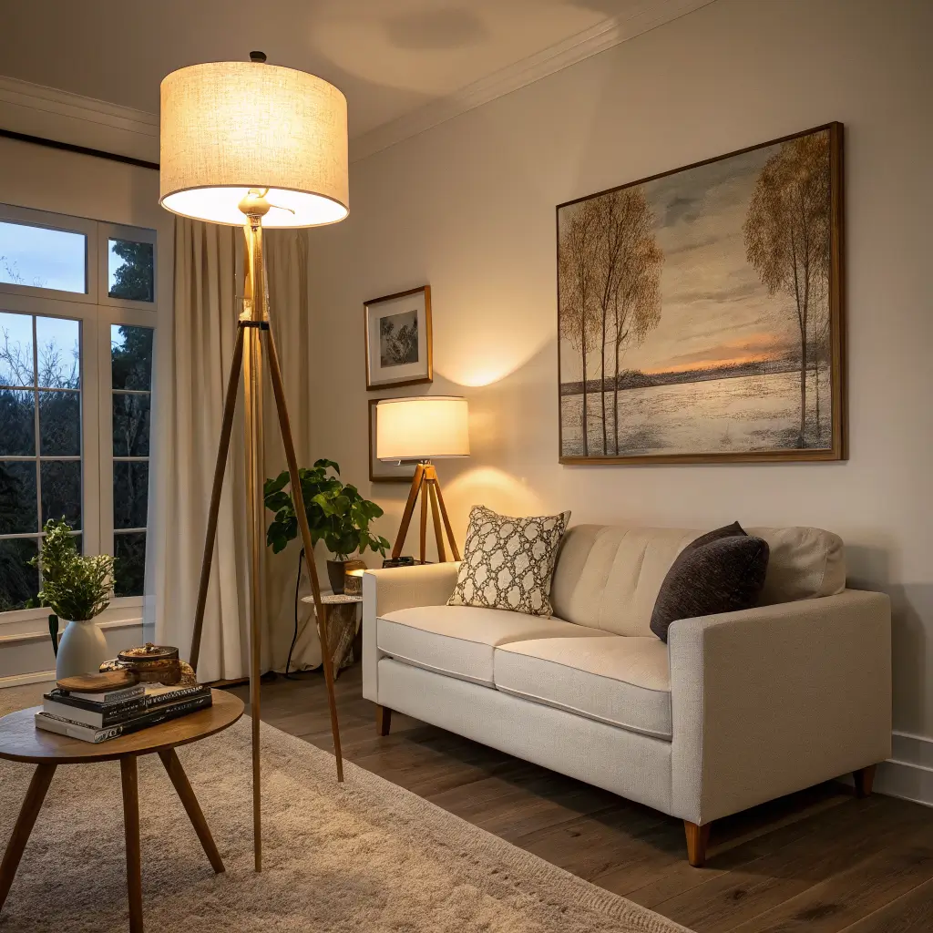 Photorealistic dusk living room with layered 2700K lighting, boucle loveseat and ottoman, sage chair, brass lamps and sconces casting warm golden glow on off-white walls and light oak floor.