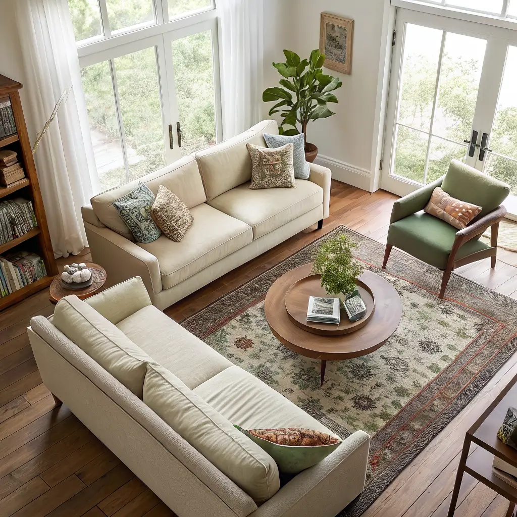 Overhead three-quarter photorealistic view of a 10x12 living room with a floating oatmeal boucle loveseat 4 inches from a warm white wall, angled sage slipper chair, round boucle ottoman on a 5x7 greige rug, and a 30-inch walkway behind in soft afternoon light.