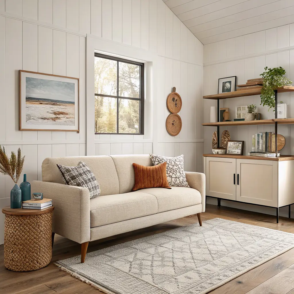 Photorealistic tiny living room with Chantilly Lace walls, oatmeal boucle loveseat, warm greige rug, light oak shelves, and burnt terracotta, moss, and faded blue accents in soft window light.