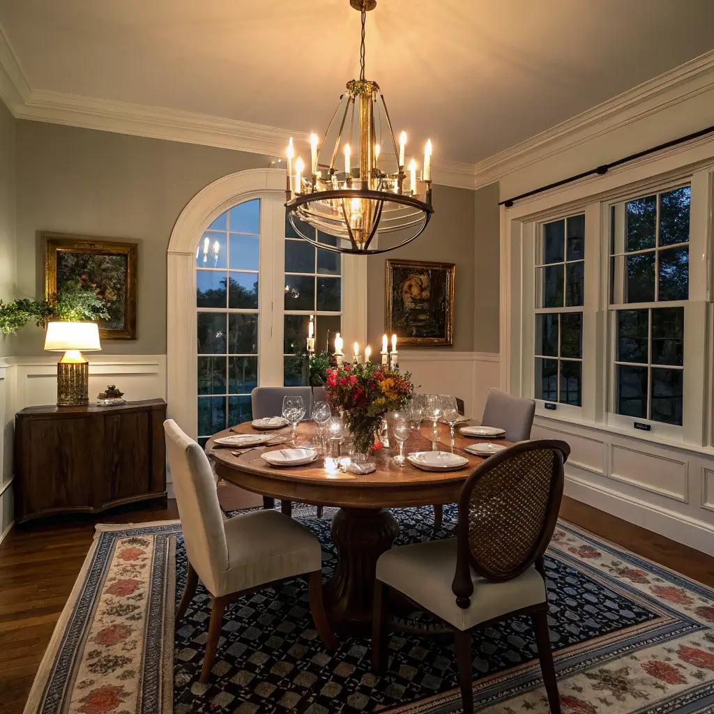 Head-on view of a teal-walled dining room at dusk with a glowing brass pendant, round walnut table on a black-and-cream checkerboard rug, mismatched emerald, rattan, and hot pink chairs, and a candlelit tablescape of colorful vintage glassware and flowers beneath an abstract pink-and-gold canvas.