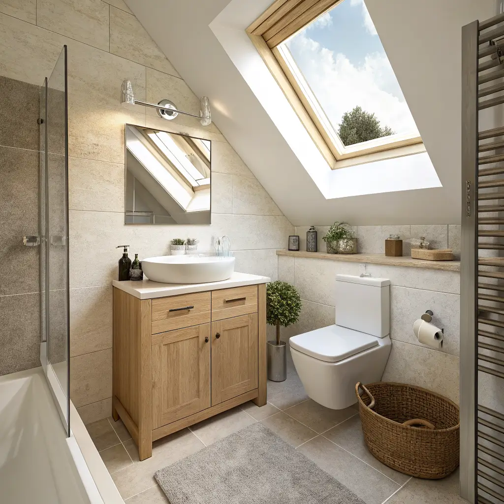 Overhead corner view of a tiny loft-conversion ensuite with sloped ceiling, skylight light, floating timber vanity, back-to-wall toilet, greige porcelain floor, and brushed nickel fixtures.
