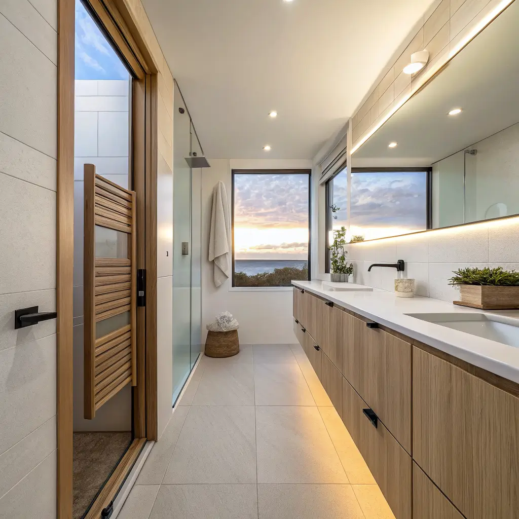 Photorealistic narrow galley ensuite with pale oak vanity, matte black tapware, frameless shower with greige stack-bond tiled back wall, and dawn light from a high frosted window.