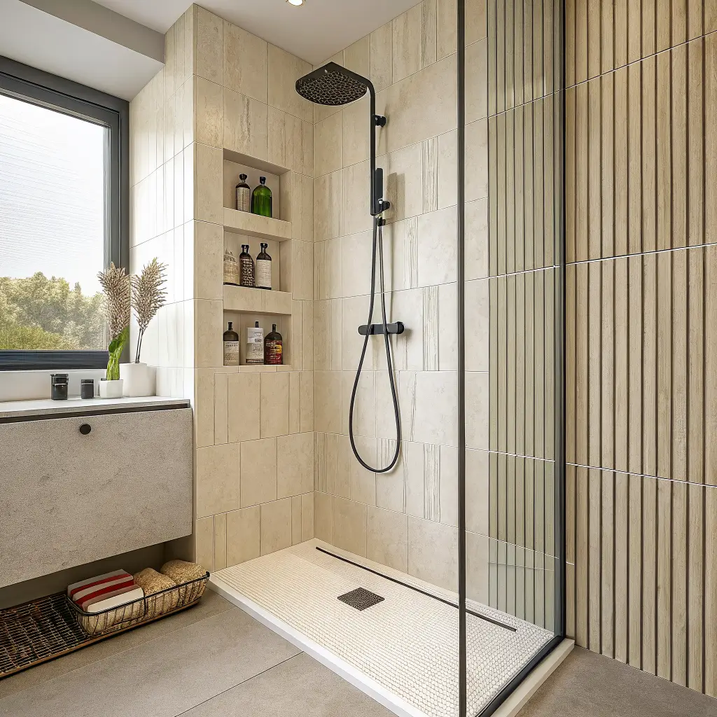 Photorealistic close-up of a tiny Japandi corner shower with fluted pale greige porcelain wall, frameless glass panel, brushed nickel fixtures, recessed niche with amber bottles, and warm taupe tiled floor with linear drain.