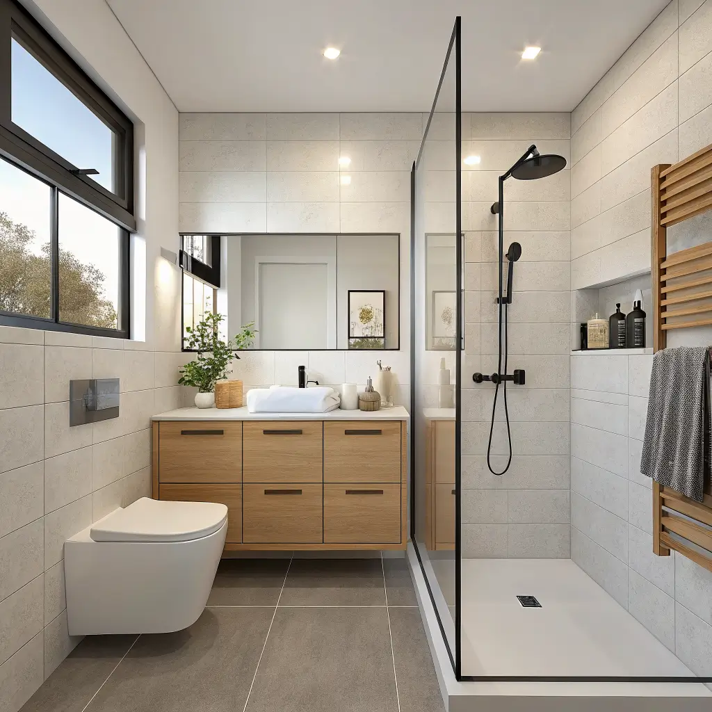 Photorealistic L-shaped ensuite with pale oak floating vanity and toilet on left, frameless walk-in shower on back wall, warm greige porcelain floor, matte black tapware, mirrored cabinet, and soft daylight with warm sconces.
