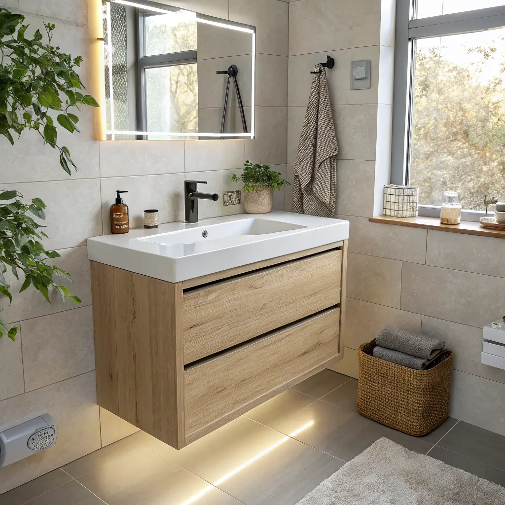 Photorealistic close-up of a floating pale oak vanity with warm bone sintered stone basin, matte black tap, mirrored cabinet, and under-LED glow on greige tile in a small ensuite.