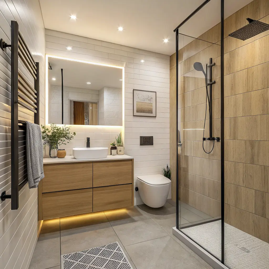 Photorealistic view from inside a tiny ensuite shower, looking through frameless glass to a pale oak floating vanity, concealed toilet, and half-open cavity slider, lit by warm early-morning amber light with matte black fixtures and taupe floor tiles flowing through.