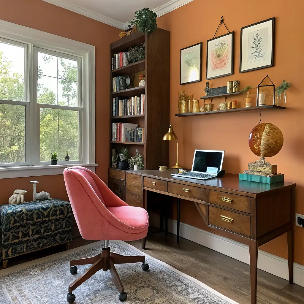 Photorealistic small home office with burnt orange accent wall, walnut desk, hot pink bouclé chair, emerald lamp, brass accents, black-and-cream checker rug, and floor-to-ceiling open shelving of color-sorted art books and vintage glassware in late morning light.