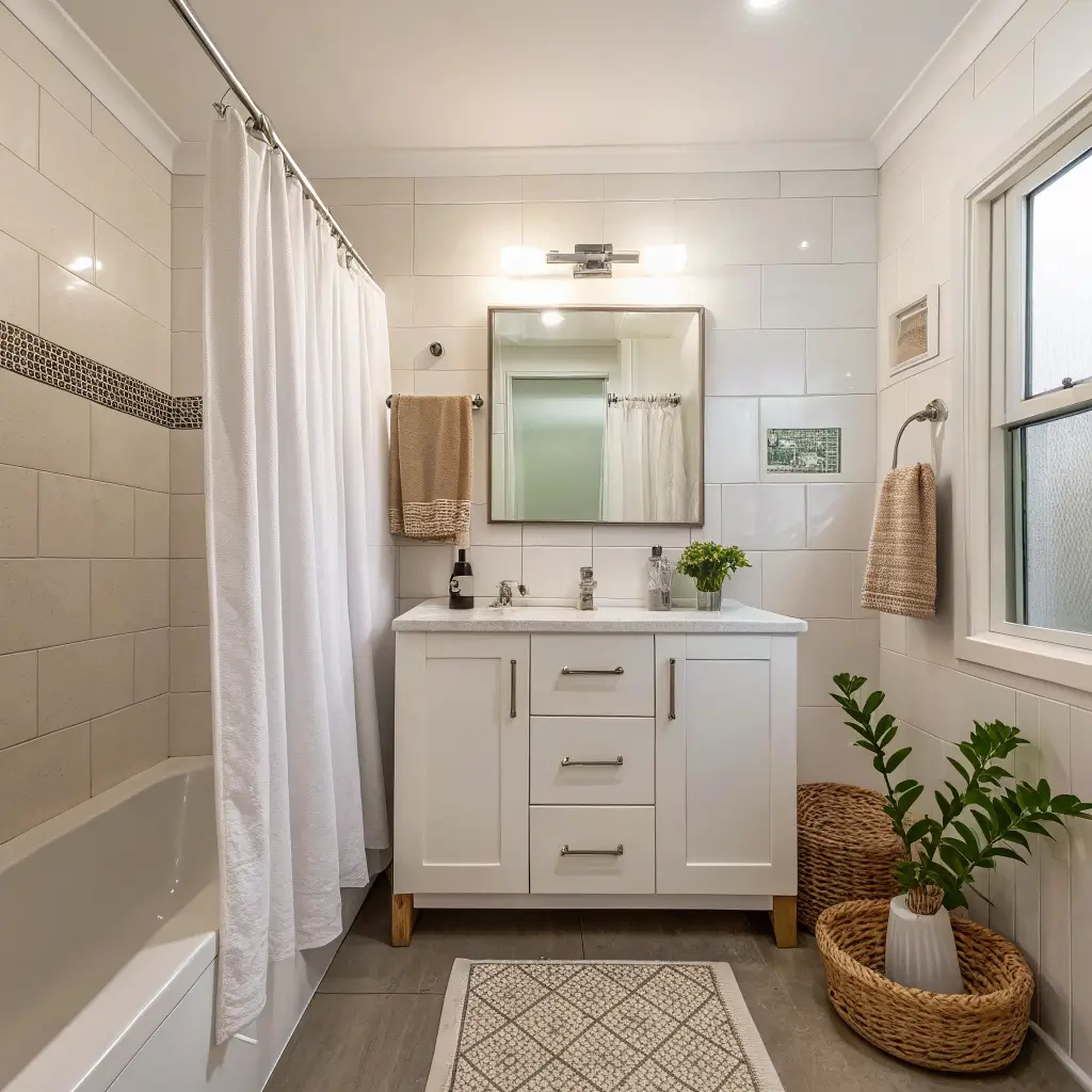 Photorealistic small rental ensuite refresh with warm white walls, greige updated tile, compact vanity with brushed nickel hardware, IKEA mirror, ceiling-height clear shower curtain, oatmeal and clay waffle towels on hooks, jute mat, and minimal tray with eucalyptus in soft afternoon light.