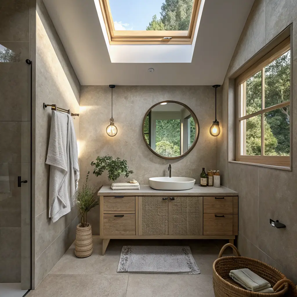 Photorealistic Japandi 5×7 small bathroom with muted clay-sage walls, floating white oak vanity, brass wall faucet, round mirror, and golden-hour light through a frosted clerestory window.