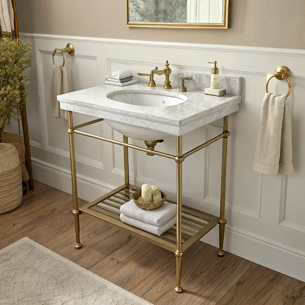Close-up of a 24-inch brass-legged console vanity with white Carrara marble top in a greige powder room, featuring a brass faucet, minimal accessories, pale oak floors, and a frameless mirror under soft morning light.