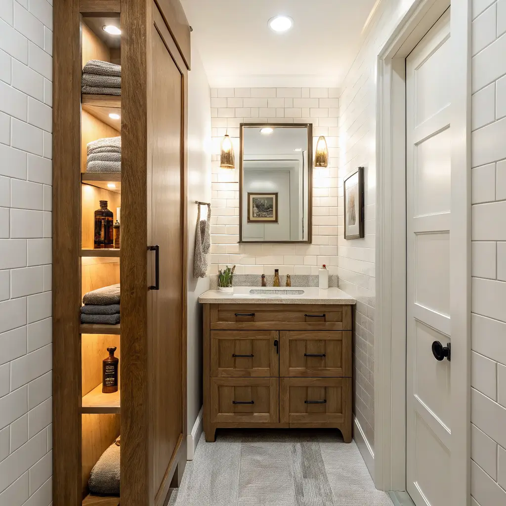 Photorealistic narrow 5x8 hall bathroom with warm white walls, slightly open LED-lit recessed medicine cabinet showing amber bottles and outlet, wall-hung light oak vanity, matching linen tower, brushed nickel hardware, and soft greige tile floor.