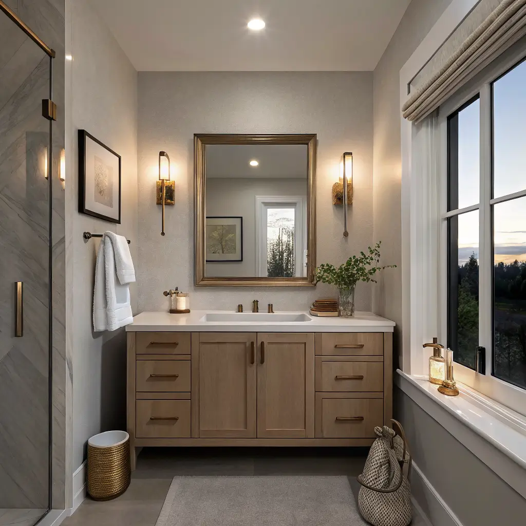 Photorealistic greige ensuite at dusk with floating oak vanity, quartz top, frameless mirror flanked by brass sconces casting warm 2700K glow and a dim flush ceiling light for ambient fill.