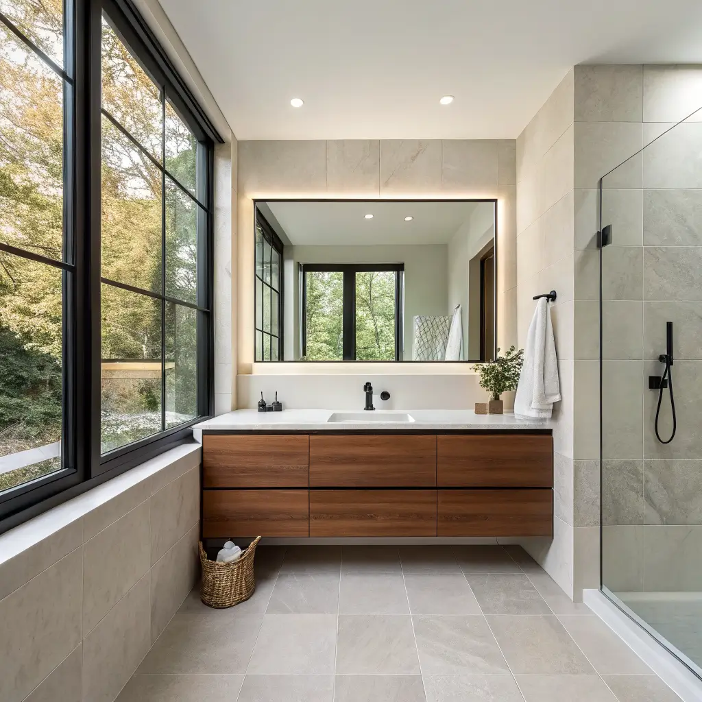 Photorealistic narrow 4×8 bathroom with frameless black-edged mirror doubling depth, walnut floating vanity with white top and black faucet, pale travertine floor, soft morning window light.