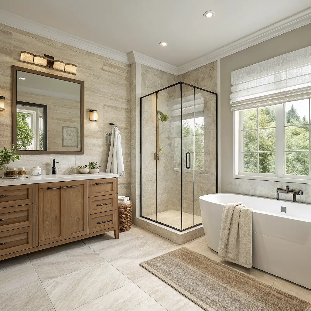 Photorealistic airy hall bath with clear glass shower panel, bone-white vertical tile wet zone, travertine-look floor throughout, greige walls, floating oak vanity with brushed brass fixtures, and soft linen mat and towel in daylight.