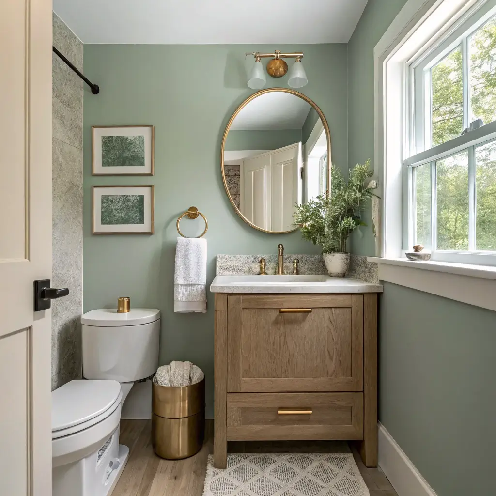 Photorealistic powder room with dusty sage walls and ceiling, floating oak vanity, pale oak floor, and repeated brushed brass fixtures around a frameless mirror, softly lit by window light and a warm sconce.