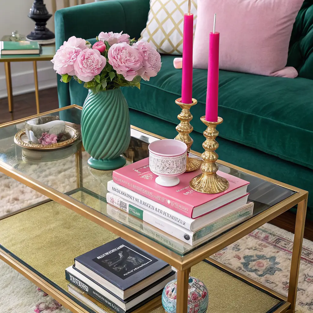 Close-up of a brass-and-glass coffee table with a hot pink tray holding colorful art books, pink peonies in an amber vase, twisted candles, and a small ceramic mushroom, with an emerald velvet sofa, patterned pillows, and a Persian-style rug in soft daylight.