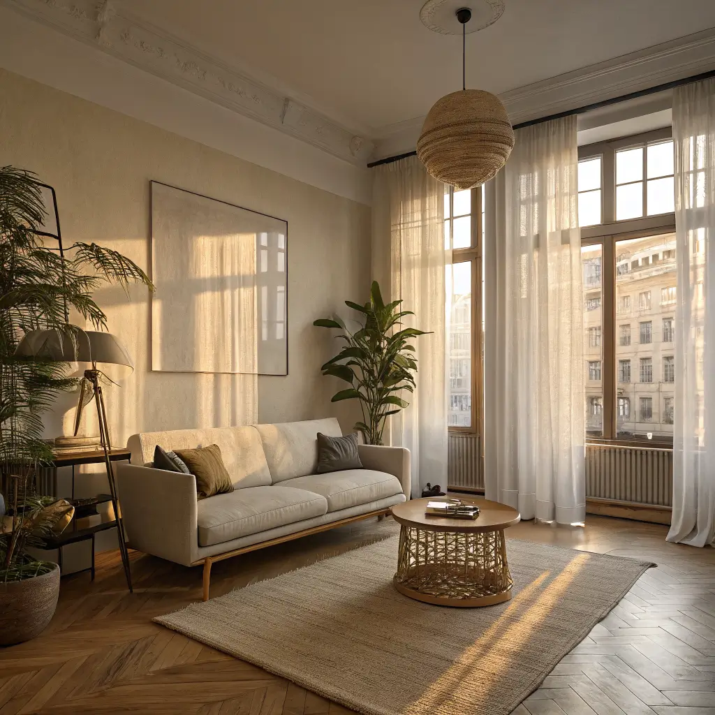 Photorealistic pre-war studio living area with golden-hour light, oatmeal loveseat, rattan coffee table, greige rug, Swiss Coffee walls, textured pillows, snake plant, and arched brass floor lamp.