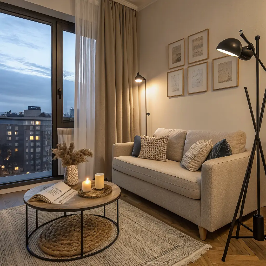 Photorealistic small apartment living corner at blue hour with greige sofa, latte rug, travertine coffee table, warm lamps and fairy lights, and neutral decor accents