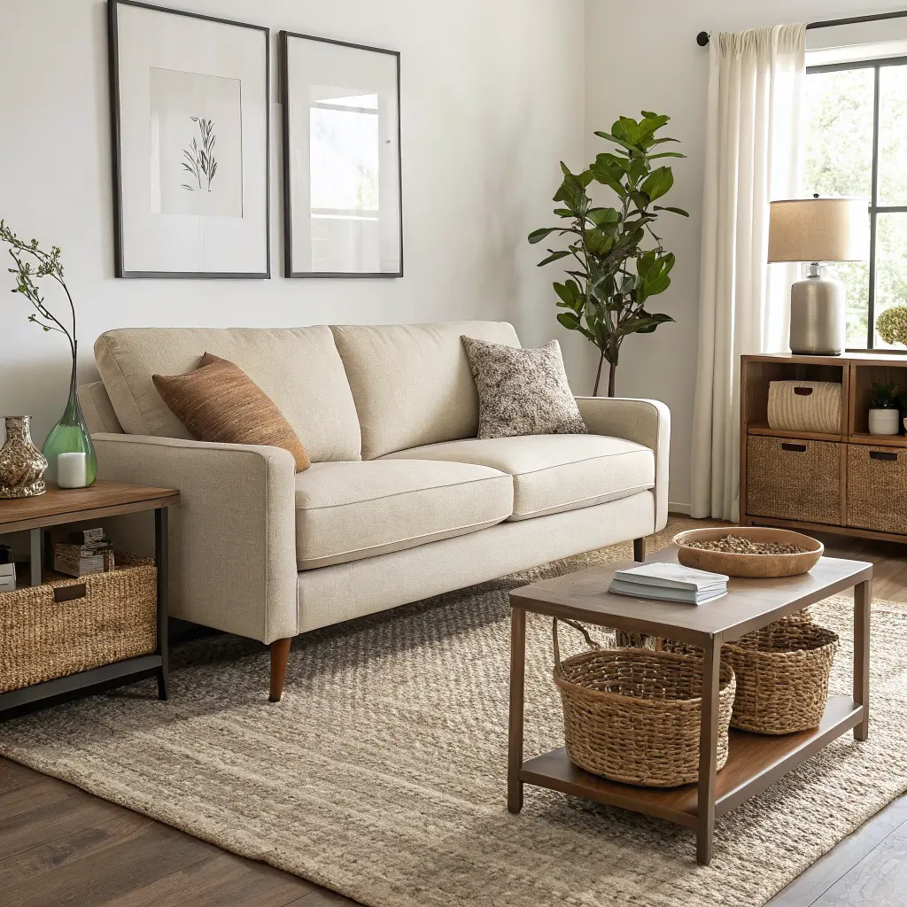 Photorealistic small apartment living room with oatmeal loveseat on jute rug, rattan coffee table with seagrass baskets, and slim walnut media console in soft morning light
