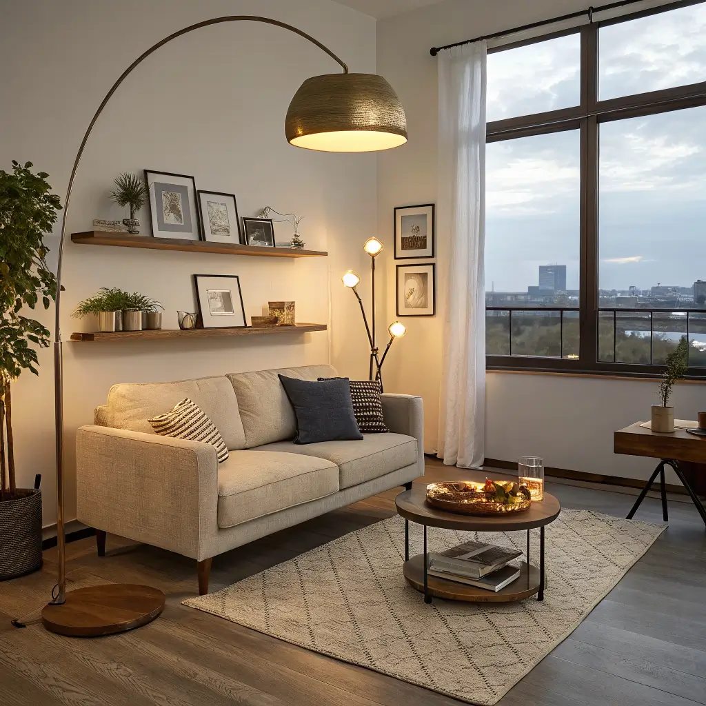 Photorealistic cozy studio apartment at evening with warm layered lighting: brass floor lamp over a greige loveseat, mushroom table lamp on walnut console, fairy lights on floating oak shelf, matte black wall sconce, linen curtains, and terracotta vessel on coffee table.