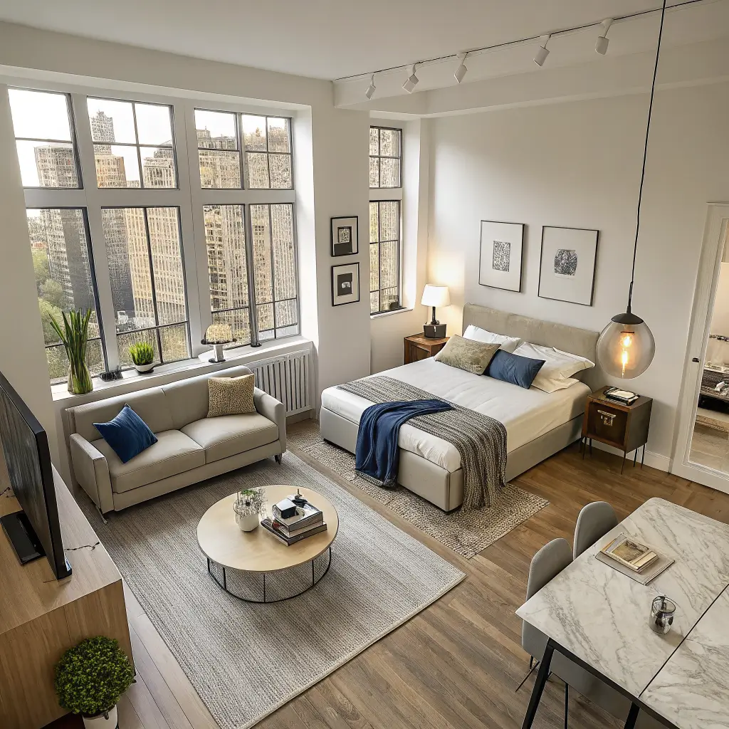 Overhead three-quarter view of a 480 sq ft studio apartment with a greige sofa dividing the living area from a linen queen bed, featuring an oatmeal rug, travertine coffee table, warm beige wallpaper, and soft morning light.