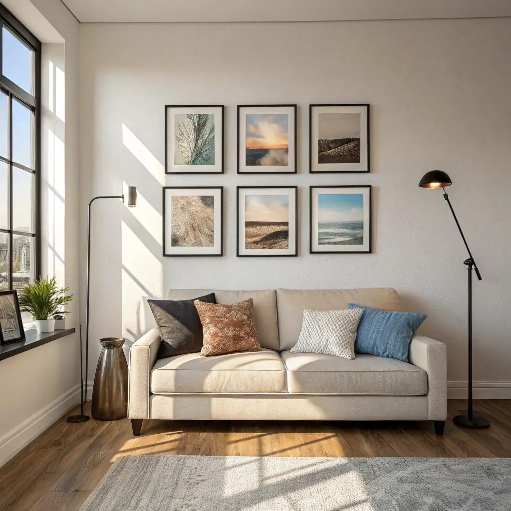 Photorealistic apartment sofa wall with 5-piece matte black framed abstract art gallery above an oatmeal bouclé loveseat, warm brass arc lamp, and soft right-side afternoon light.