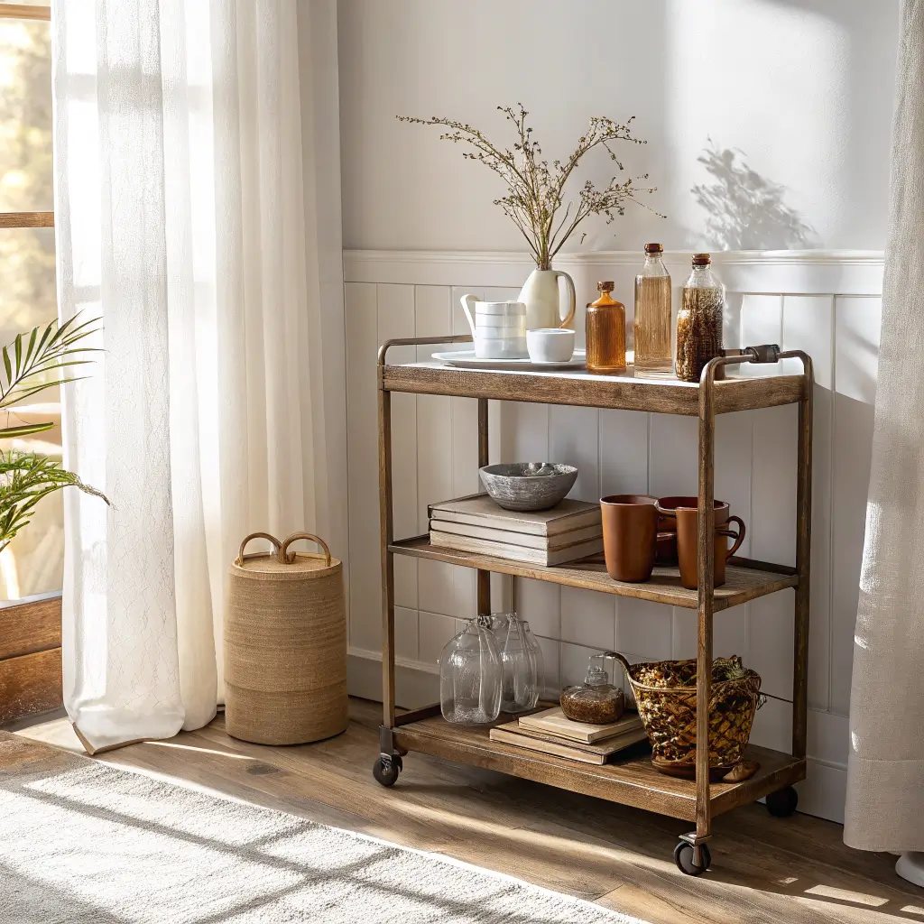 Photorealistic tiny apartment kitchen corner with open oak shelf, brass bar cart, neutral stoneware mugs, terracotta vase, cookbooks, amber bottles, pothos plant, and warm morning sunlight through sheer curtains.